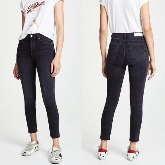 RE/DONE 90's High Rise Ankle Crop Jean Faded Black Stretch Denim Size 28 Raw Hem - Picture 1 of 12